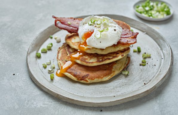 Savoury Pancakes with Smoked Bacon and Poached Eggs