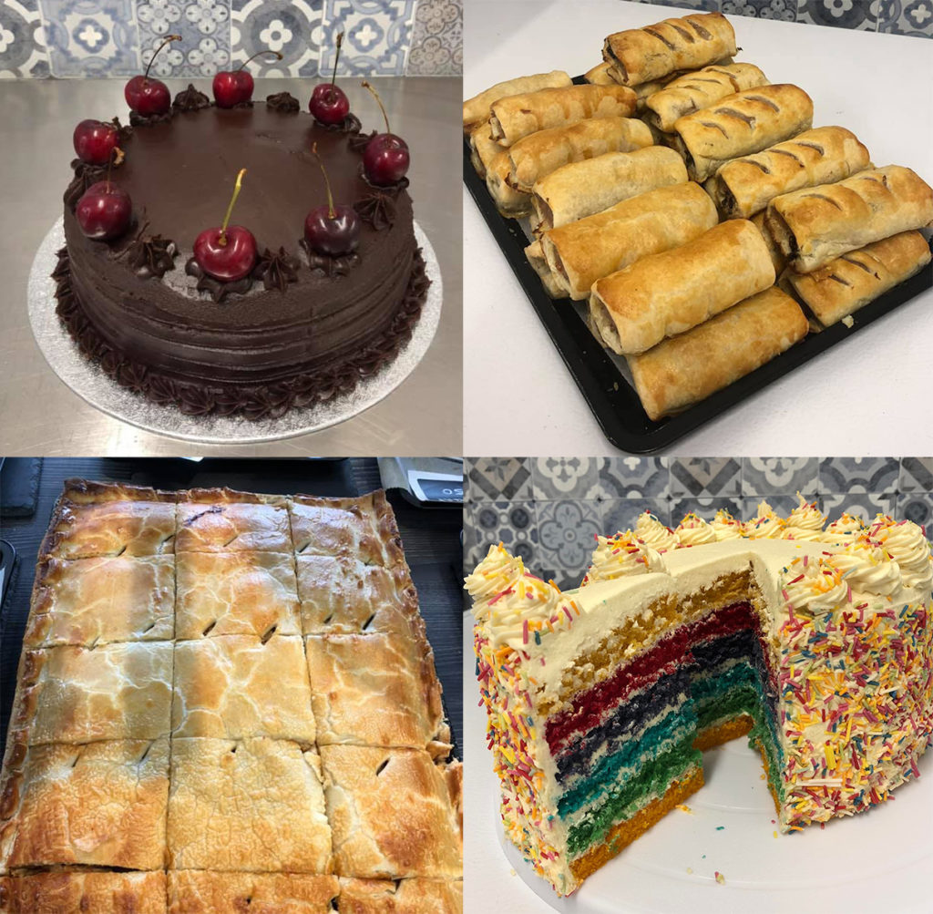 Humble Pie, Clonakilty - Collage (Chocolate Cherry Cake, Sausage Rolls, Rainbow Cake, Corn beef pie)